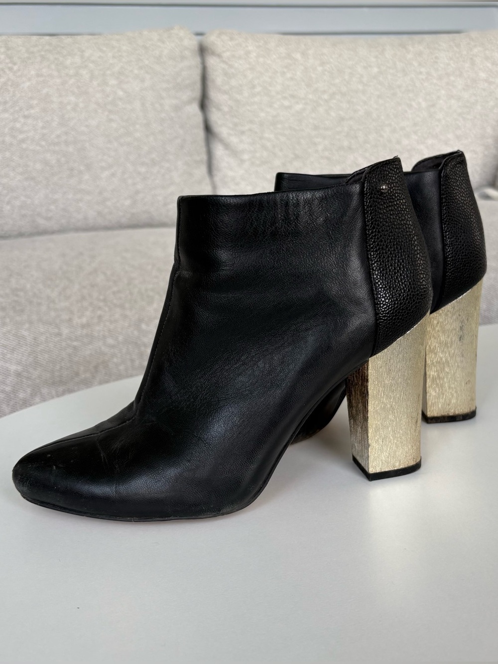 Circus Sam Edelman Black Leather Ankle Boots with Gold Block Heel